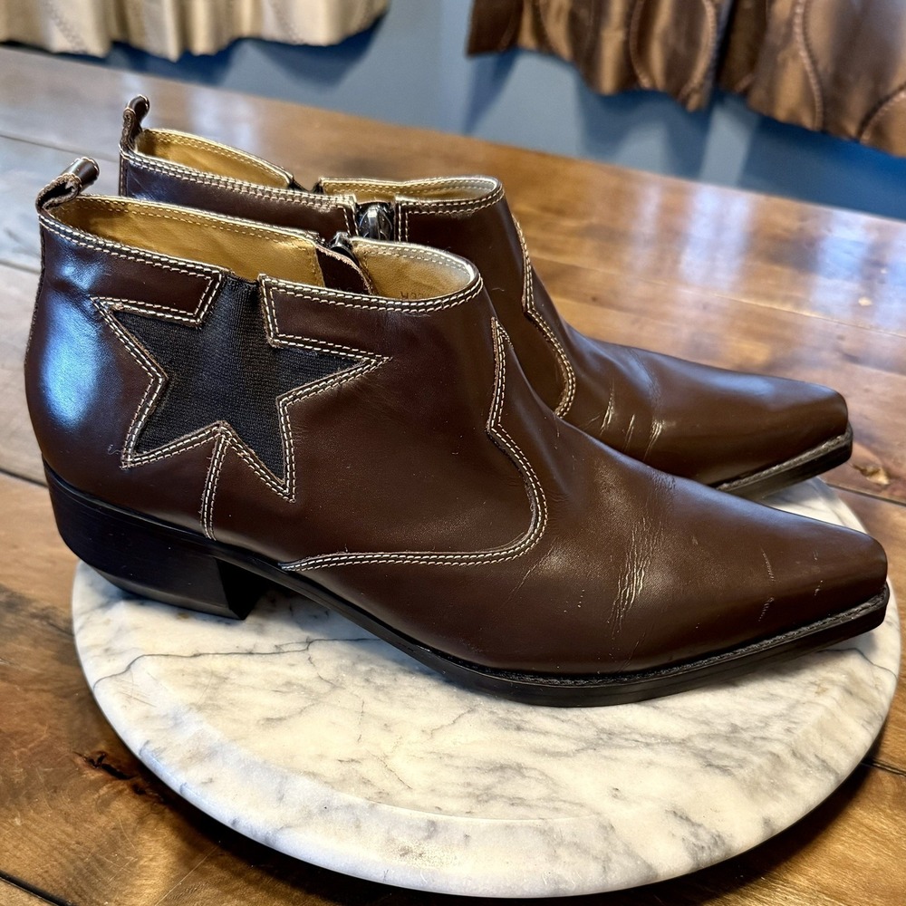 Tommy Hilfiger Brown Leather Star Flag Zip Western Ankle Cowboy Boots Women Sz 9